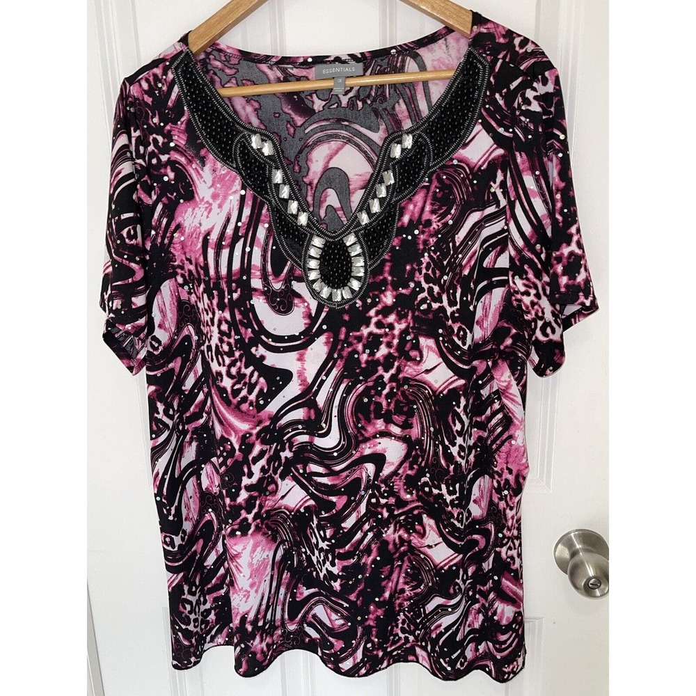 Women’s Essentials Black & Pink Sequin Neck Short‎ Sleeve Blouse Plus Size 1X